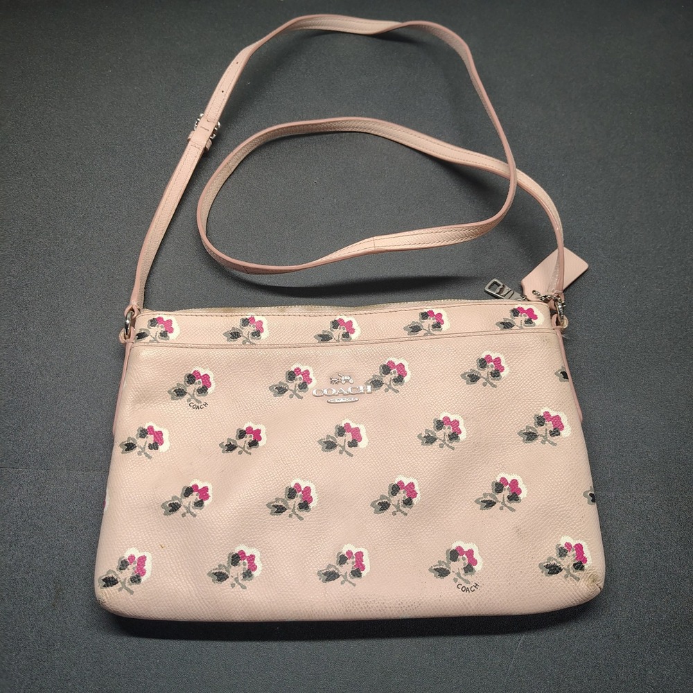 Coach Crossbody Bag Women Small Pink Floral Print Pebbled Leather Purse - Picture 2 of 9